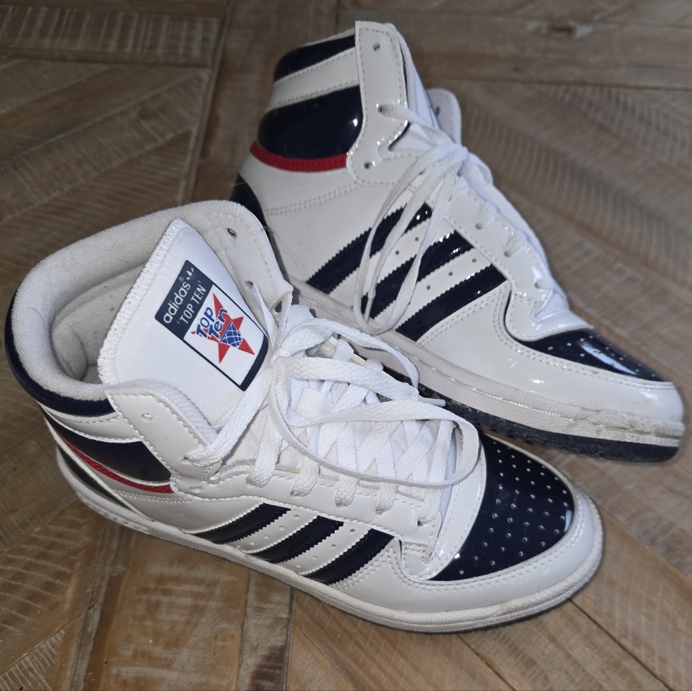 Adidas High-Top Sneakers in White, Navy & Red Accent